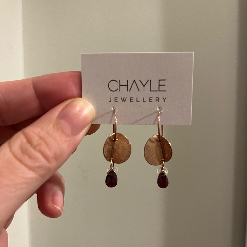 Gold Disc Drop Earrings with Garnet Teardrops